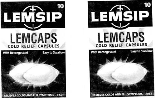 LEMSIP LEMCAPS COLD RELIEF CAPSULES with Decongestant Easy to Swallow RELIEVES COLD AND FLU SYMPTOMS-FAST trademark