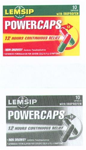 LEMSIP POWERCAPS with IBUPROFEN POWERCAPS 12 HOURS CONTINUOUS RELIEF NON DROWSY Contains Pseudoephedrine ADVANCED FORMULATION FOR SEVERE COLD & FLU SYMPTOMS trademark