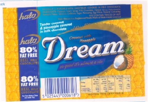 Coconut with pineapple Dream, so good it's almost a sin, halo 85% fat free, real milk chocolate trademark