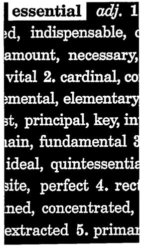 essential adj. 1 indispensable, amount, necessary, vital 2. cardinal, elementaryprincipal, key, fundamental 3 ideal, site, perfect 4. concentrated, extracted 5. trademark