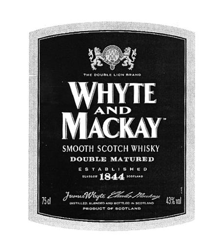 THE DOUBLE LION BRAND WHYTE AND MACKAY SMOOTH SCOTCH WHISKY DOUBLE MATURED ESTABLISHED GLASGOW 1844 SCOTLAND James Whyte Charles Mackay DISTILLED, BLENDED AND BOTTLED IN SCOTLAND PRODUCT OF SCOTLAND 75 cl 43% vol trademark