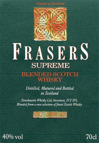 Product of Scotland FRASERS SUPREME BLENDED SCOTCH WHISKY Distilled, Matured and Bottled in Scotland Strathnairn Whisky Ltd, Inverness, IV3 5PL Blended from a rare selection of finest Scotch Whisky 40% vol 70cl trademark