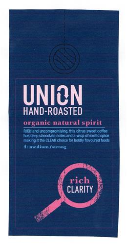 UNION HAND-ROASTED organic natural spirit rich CLARITY trademark