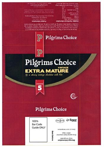 Pilgrims Choice VINTAGE EXTRA MATURE v a strong vintage cheddar with bite STRENGTH 5 Good Source of Calcium trademark