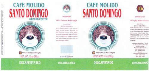 SANTO DOMINGO CAFE MOLIDO GROUND COFFEE ib Industrias banilejas NET.WT. 10 oz (283g) DECAFFEINATED trademark