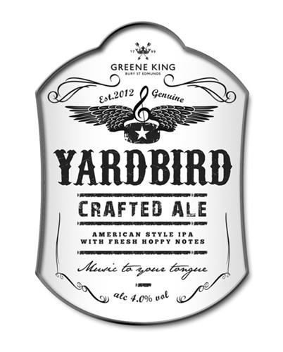 1799 GREENE KING BURY ST EDMUNDS Est. 2012 Genuine YARDBIRD CRAFTED ALE AMERICAN STYLE IP A WITH FRESH HOPPY NOTES Music to your tongue alc 4.0% vol trademark