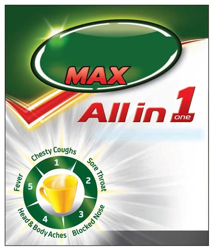 MAX ALL IN ONE 1, CHESTY COUGHS, SORE THROAT, BLOCKED NOSE, HEAD & BODY ACHES, FEVER, 1,2,3,4,5 trademark