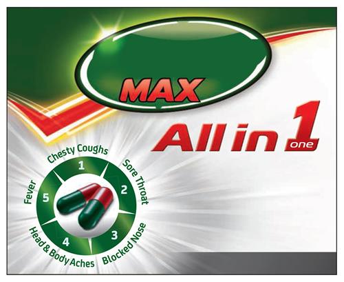 MAX ALL IN ONE 1, CHESTY COUGHS, SORE THROAT, BLOCKED NOSE, HEAD & BODY ACHES, FEVER, 1,2,3,4,5 trademark