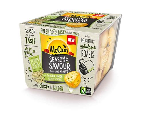 McCain SEASON & SAVOUR Goose Fat ROASTS with TOASTED ONION GARLIC & THYME fresh fluffy tasty golden roasts season to your taste seasoning sachet inside pot incredibly crispy & golden  delightfully indulgent roasts trademark