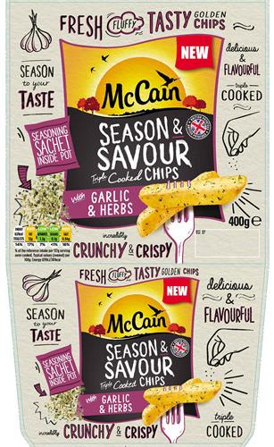 McCain SEASON & SAVOUR Triple Cooked Chips with GARLIC & HERBS fresh fluffy tasty golden chips season to your taste seasoning sachet inside pot incredibly crunchy & crispy triple cooked delicious & flavourful trademark