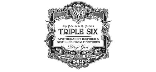 Made w/ local botanicals. 666 the devil is in the details. Triple Six. Apothecarist Inspired & Distilled from Tinctures. Dry Gin. Sophisticated Confidence. Gin trademark