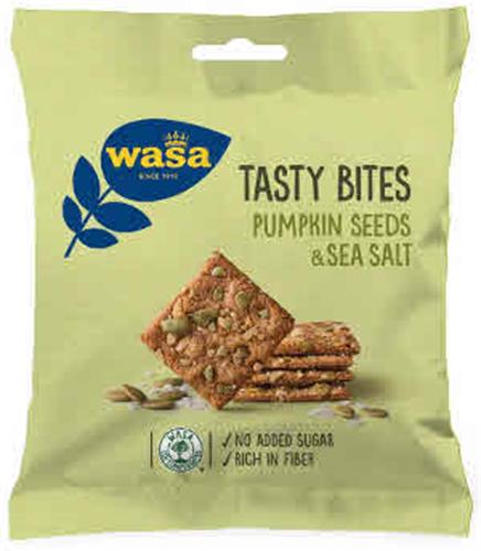 WASA SINCE 1919 TASTY BITES PUMPKIN SEEDS & SEA SALT WASA CO2 COMPENSATED NO ADDED SUGAR RICH IN FIBER trademark