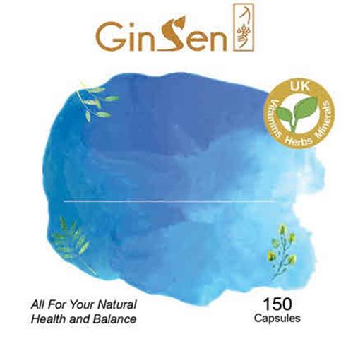 GINSEN UK VITAMINS HERBS MINERALS FOR YOUR NATURAL HEALTH AND BALANCE 150 CAPSULES trademark