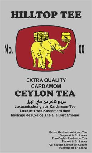 HILLTOP TEE 
NO. 00 
EXTRA QUALITY 
CARDAMOM 
CEYLON TEA 
مزيج فاخر من شاي الهيل 
LUXUSMISCHUNG AUS KARDAMOM-TEE 
LUXE MIX VAN KARDEMOM THEE 
MÉLANGE DE LUXE DE THÉ À LA CARDAMOME
REINER CEYLON-KARDAMOM-TEE 
VERPACKT IN SRI LANKA 
PURE CEYLON CARDAMOM TEA 
PACKED IN SRI LANKA 
ÇAJ I PASTER KARDAMOM CEILONI 
PAKETUAR NE SRI LANKA trademark