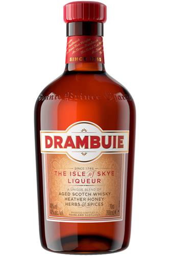 DRAMBUIE SINCE 1745 THE ISLE OF SKYE LIQUEUR A UNIQUE BLEND OF AGED SCOTCH WHISKY HEATHER HONEY HERBS & SPICES PRODUCED & BOTTLED IN MAINLAND SCOTLAND trademark