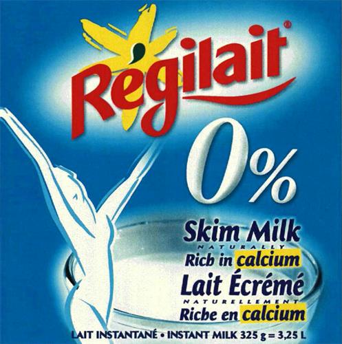 Régilait 0% Skim Milk NATURALLY Rich in calcium Lait Écrémé NATURELLEMENT Riche en calcium LAIT INSTANTANÉ . INSTANT MILK 325g=3,25L trademark