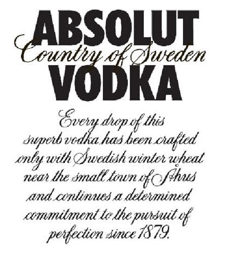 ABSOLUT COUNTRY OF SWEDEN VODKA Every drop of this superb vodka has been crafted only with Swedish winter wheat near the small town of Åhus and continues a determined commitment to the pursuit of perfection since 1879 trademark