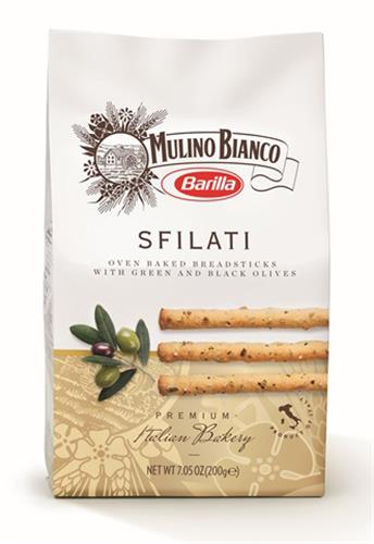 MULINO BIANCO BARILLA - SFILATI OVEN BAKED BREADSTICKS WITH GREEN AND BLACK OLIVES - PREMIUM ITALIAN BAKERY - PRODUCT OF ITALY trademark