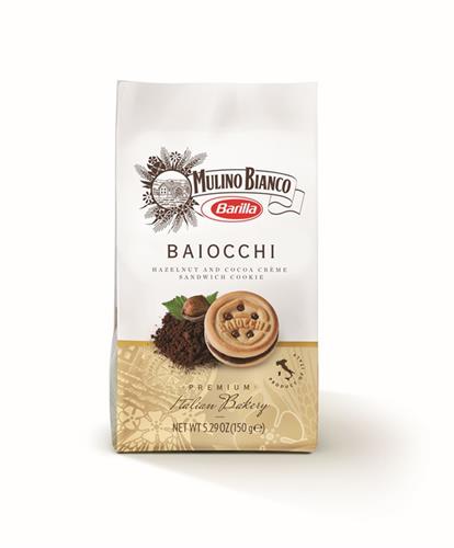 MULINO BIANCO BARILLA  BAIOCCHI HAZELNUT AND COCOA CREME SANDWICH COOKIE  PREMIUM ITALIAN BAKERY PRODUCT OF ITALY trademark