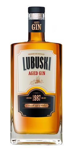 AGED GIN PREMIUM GIN DISTILLED LUBUSKI AGED GIN SINCE 1987 LUBUSKI BRAND Smooth and Mellow trademark